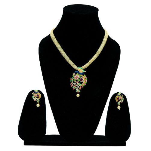 Traditional Floral Designer Necklace Set with Pearl Drop